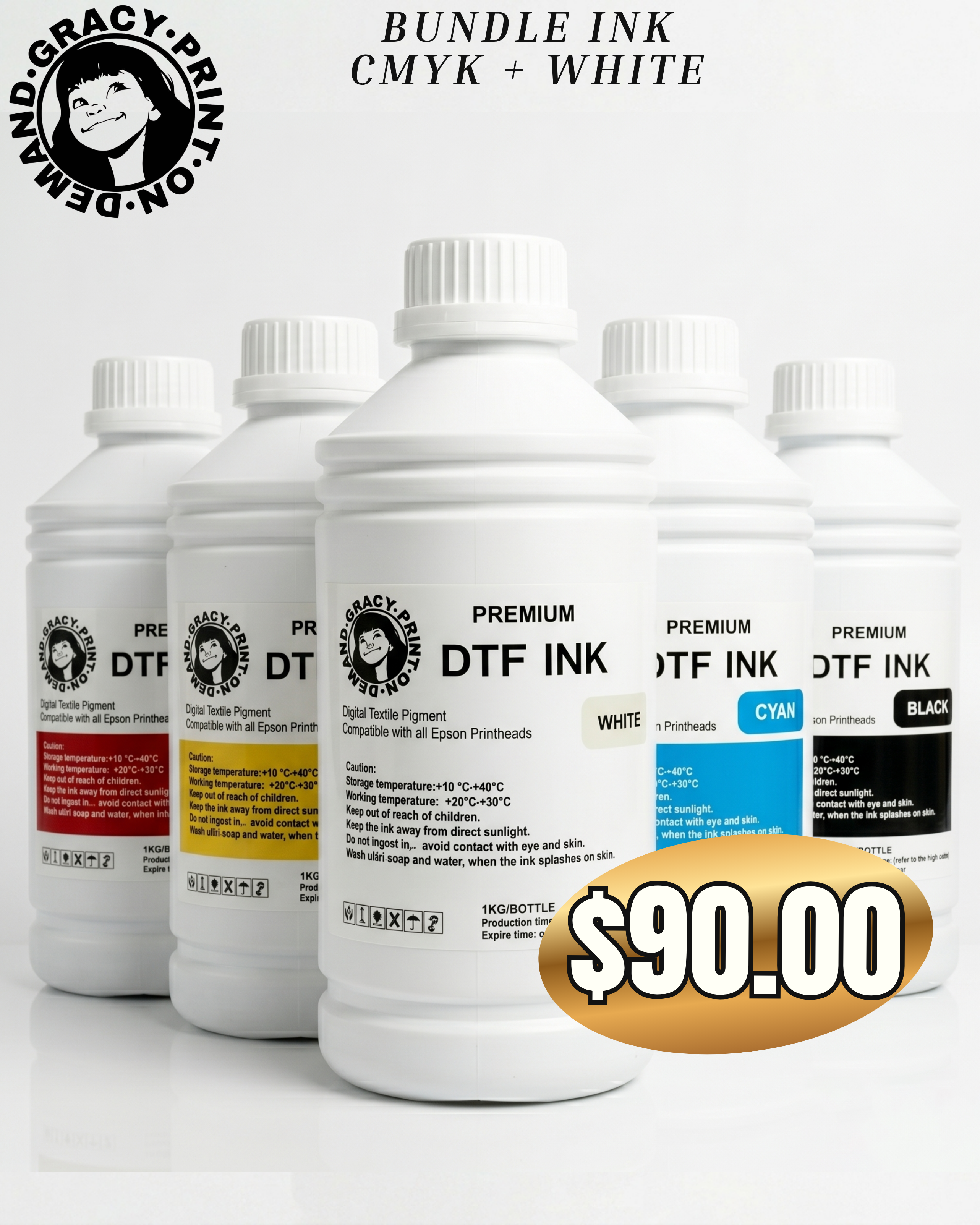 DTF Ink Bottles – 35oz | Set of 5 (CMYK + White) or Single Colors | Direct to Film Printing