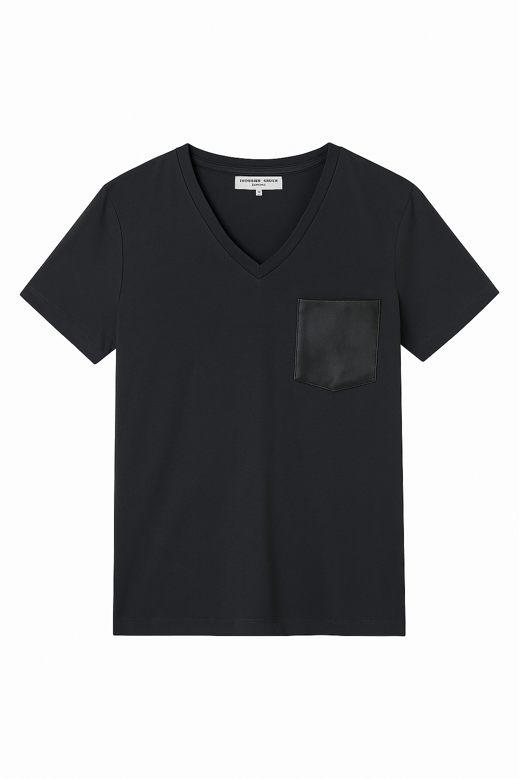 Black V-Neck T-Shirt with Faux Leather Pocket