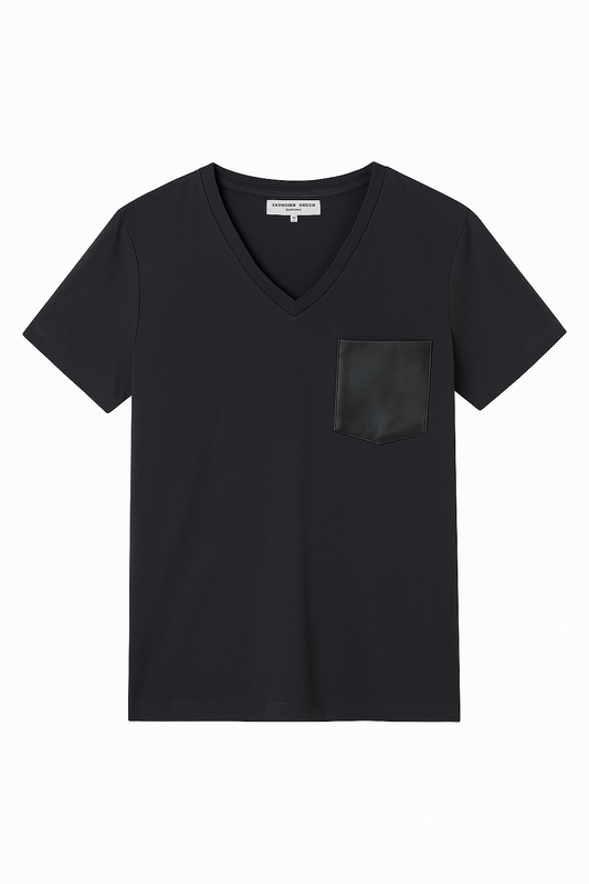 Black V-Neck T-Shirt with Faux Leather Pocket