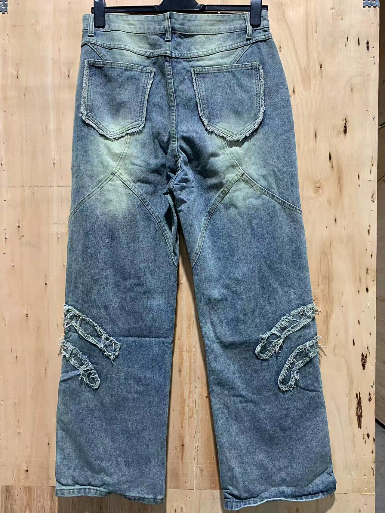 Distressed Hand-Pattern Denim Pants