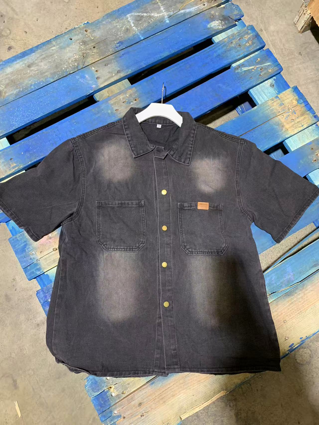Vintage Washed Denim Short-Sleeve Shirt-Black
