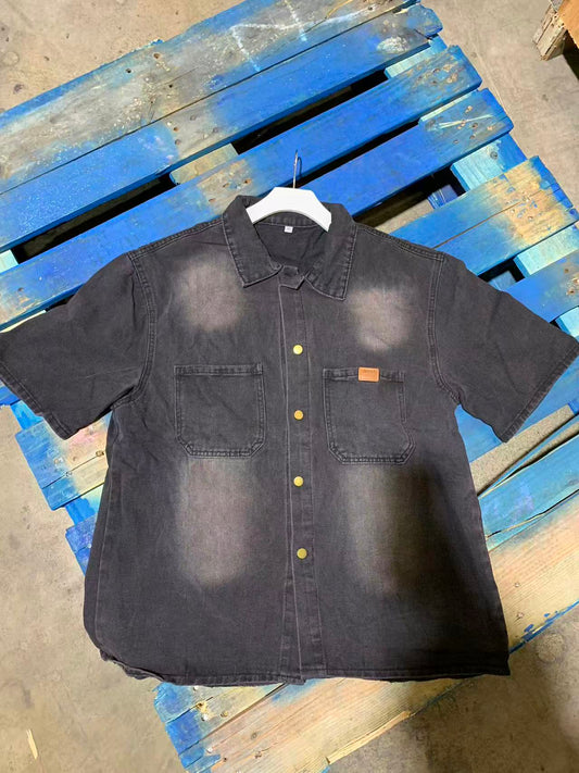Vintage Washed Denim Short-Sleeve Shirt-Black