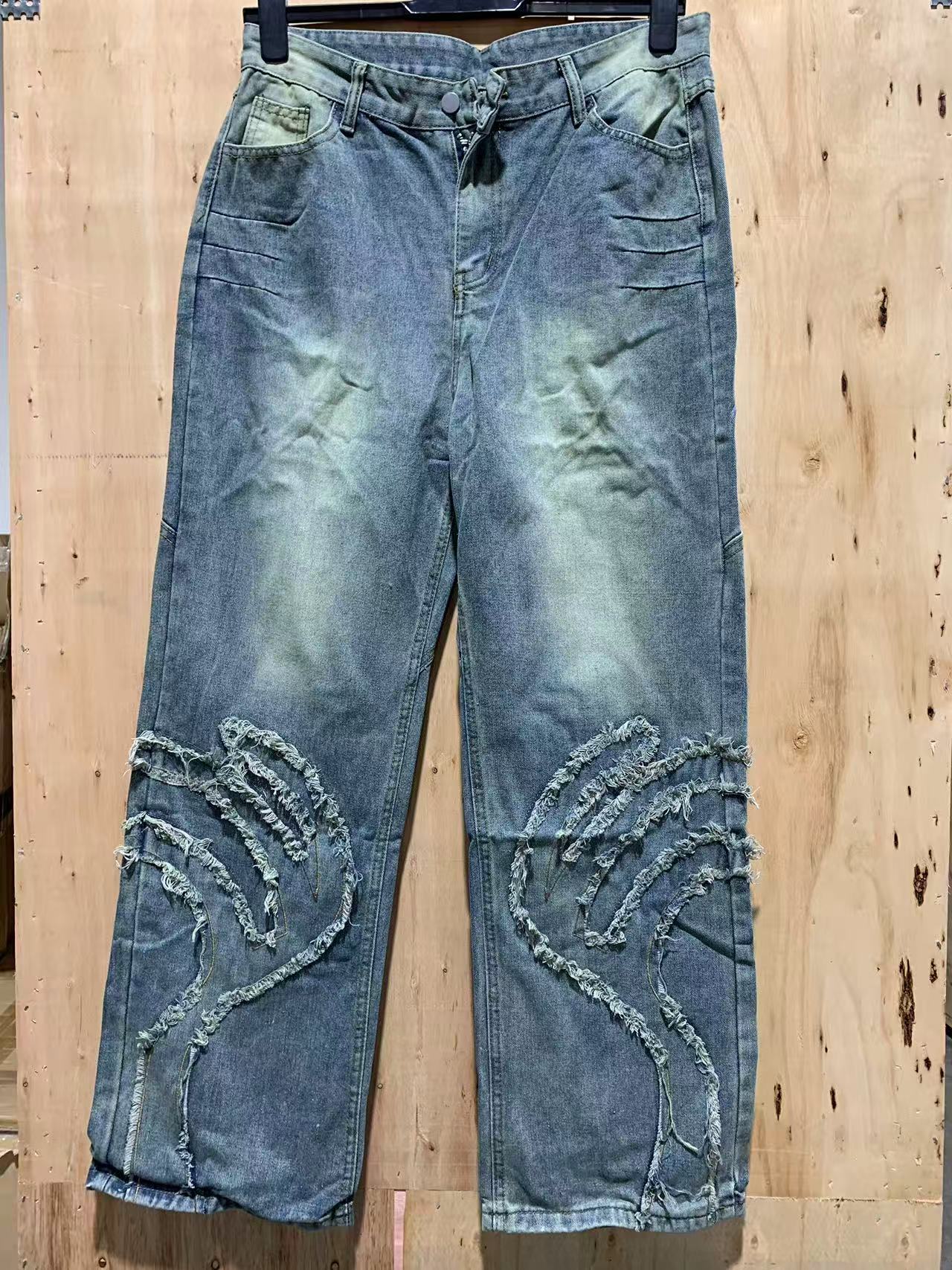 Distressed Hand-Pattern Denim Pants