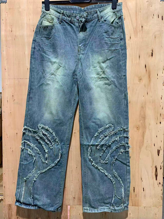 Distressed Hand-Pattern Denim Pants