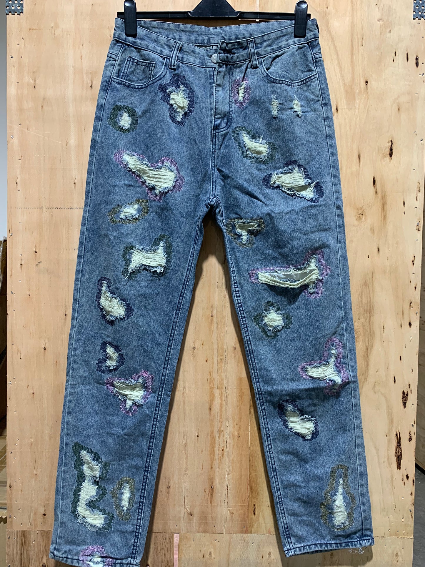 Distressed Patchwork Straight-Leg Jeans