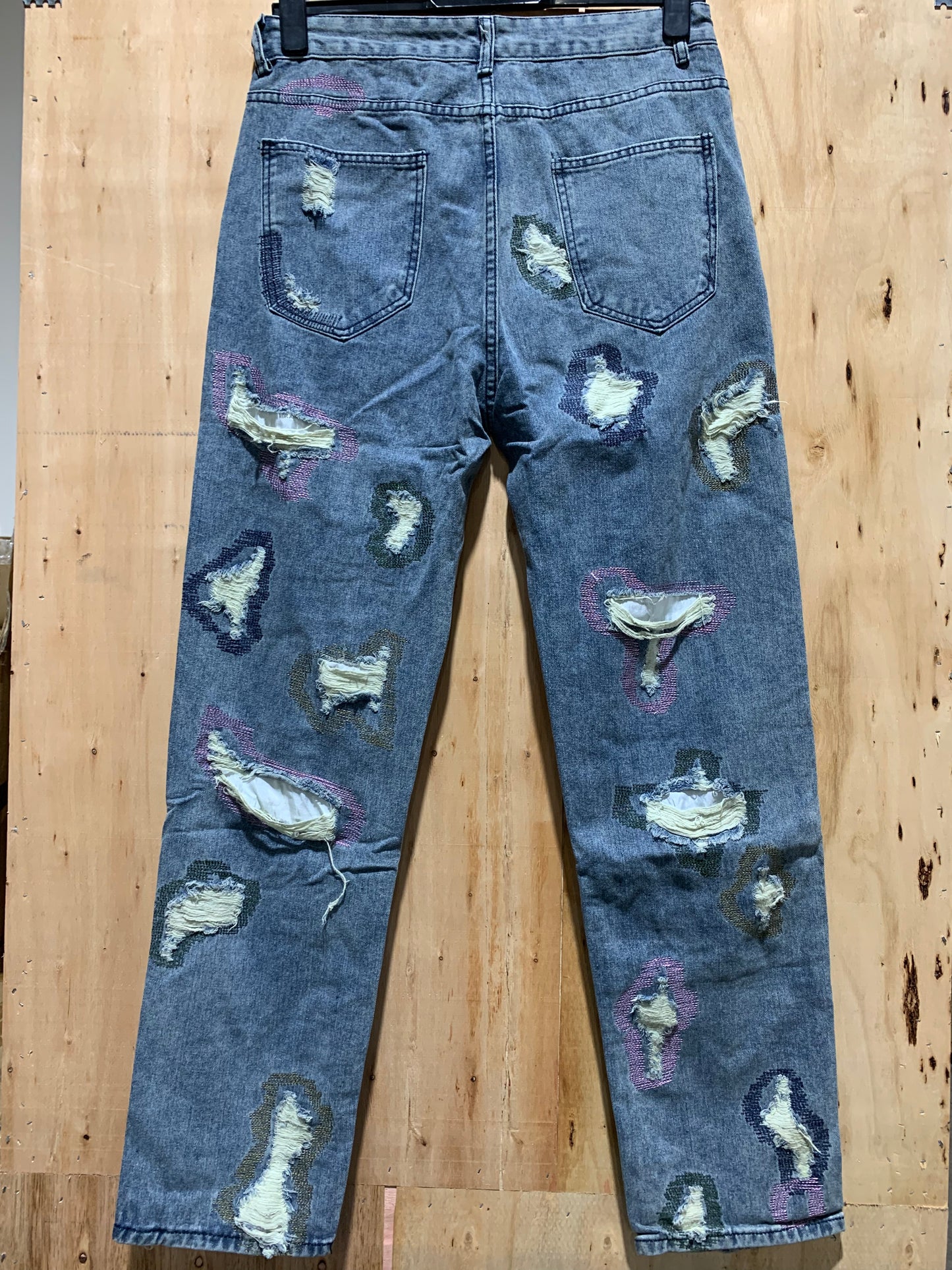 Distressed Patchwork Straight-Leg Jeans