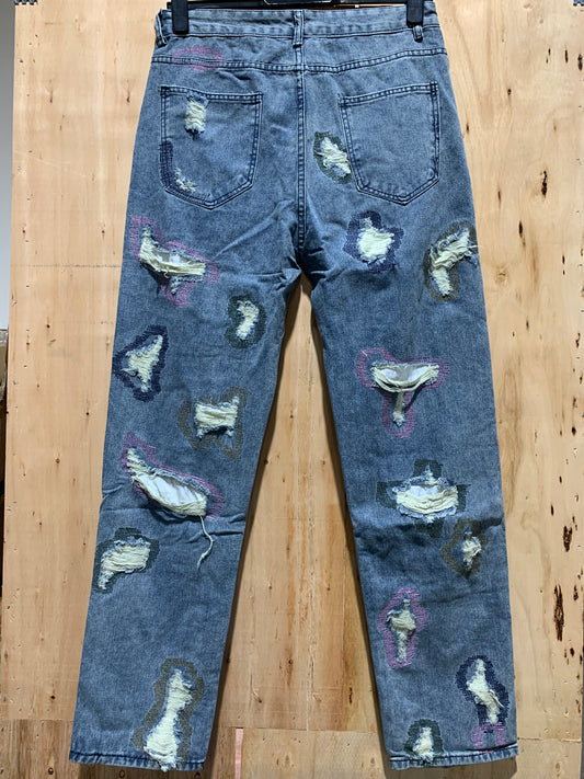 Distressed Patchwork Straight-Leg Jeans