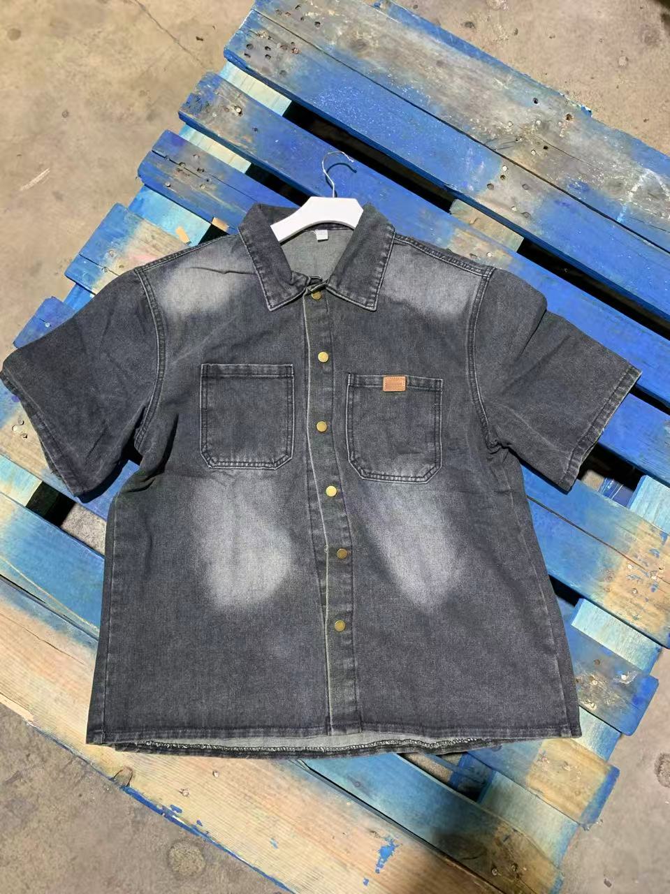 Vintage Washed Denim Short-Sleeve Shirt-Blue