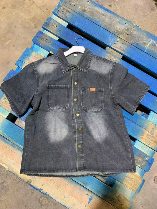 Vintage Washed Denim Short-Sleeve Shirt-Blue