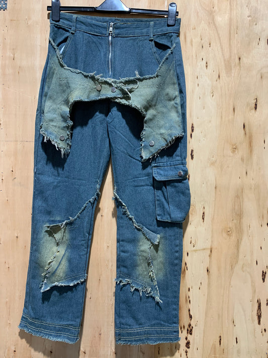 Distressed Patchwork Cargo Denim Pants