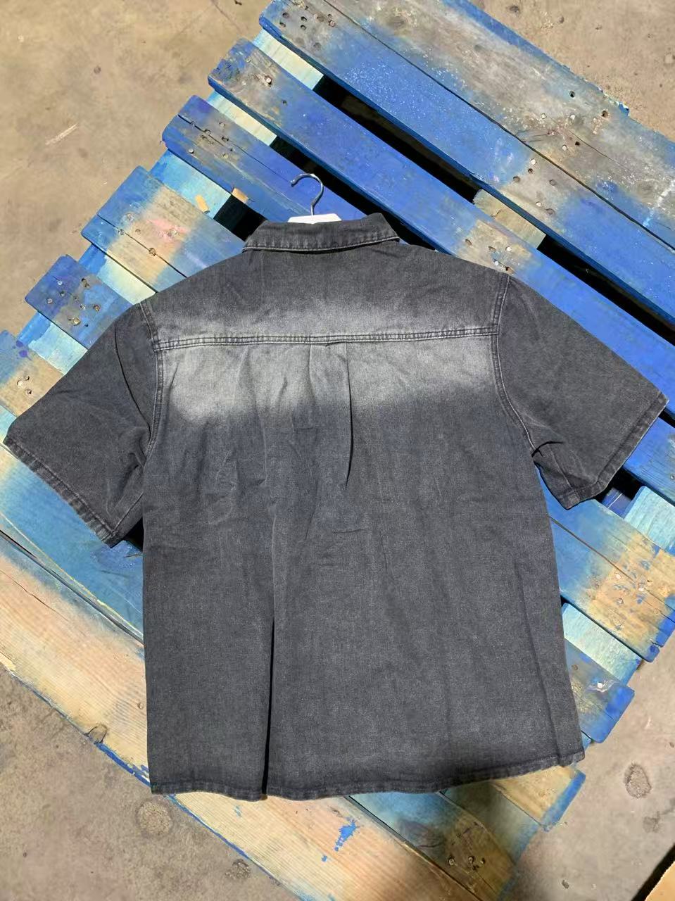 Vintage Washed Denim Short-Sleeve Shirt-Blue